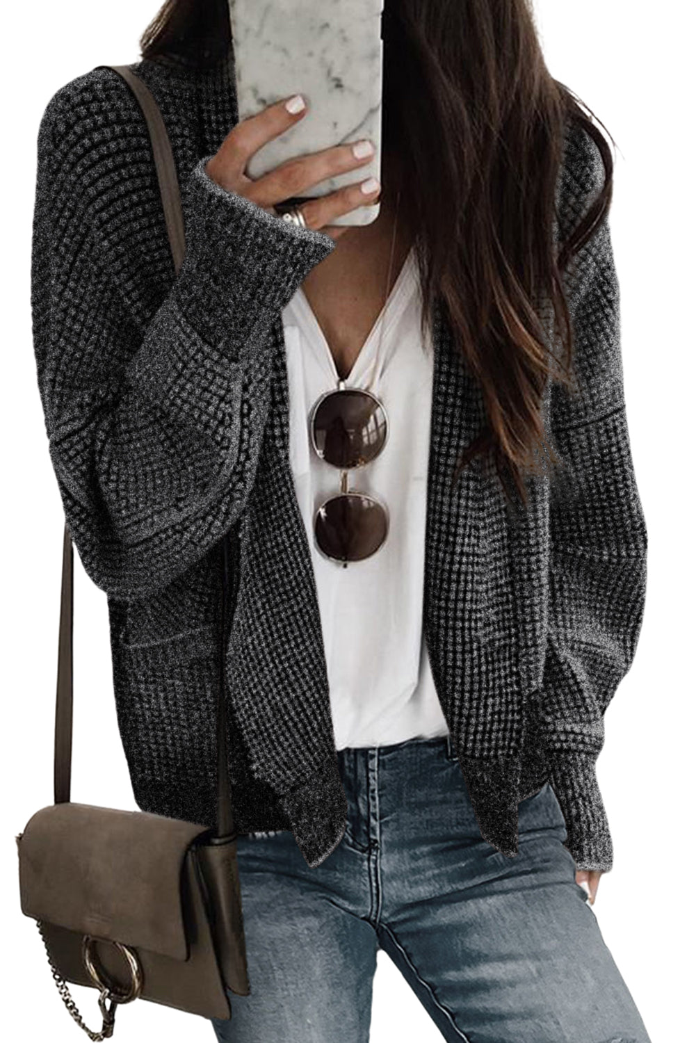 Apricot Chunky Waffle Knit Oversized Collar Cardigan