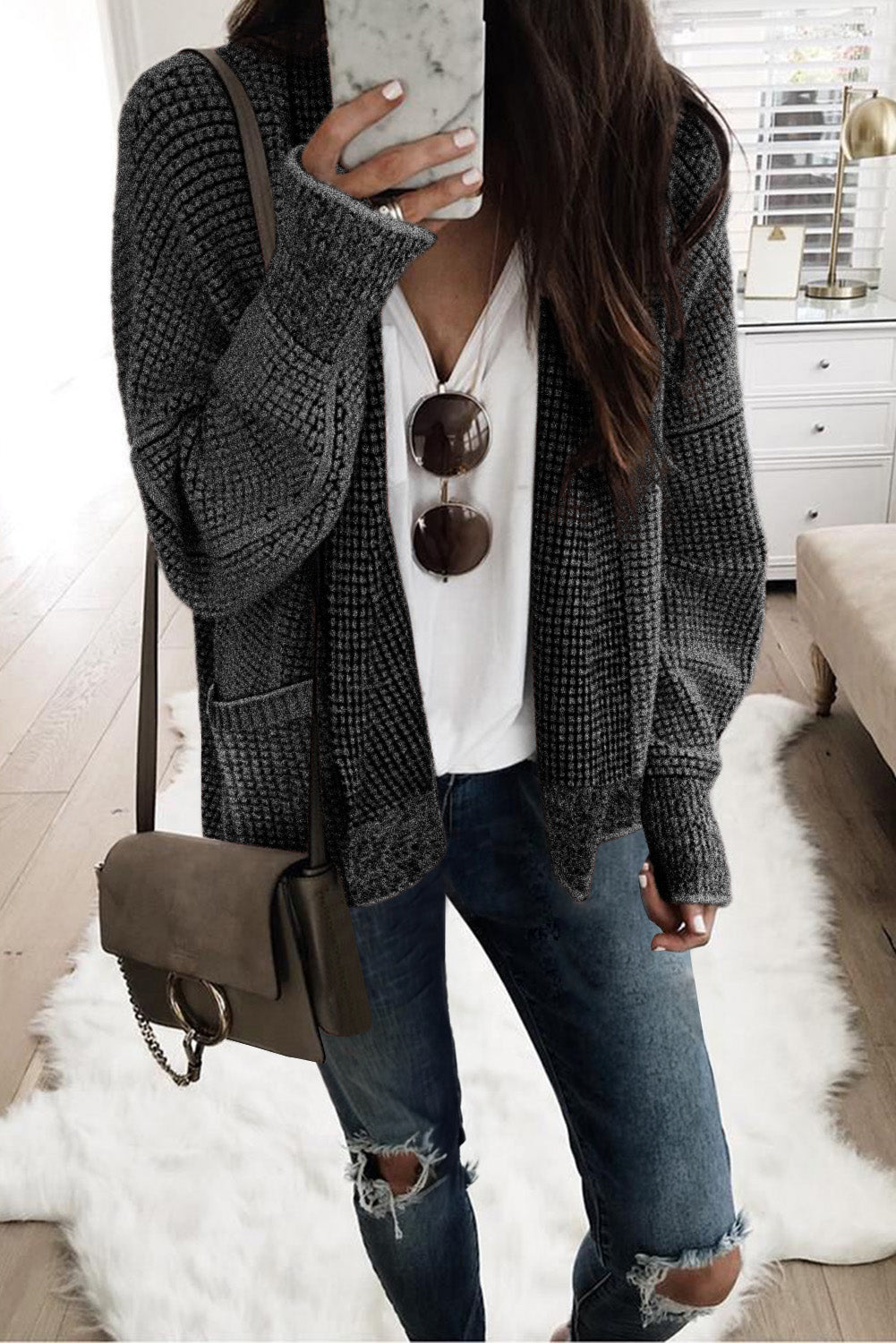 Apricot Chunky Waffle Knit Oversized Collar Cardigan