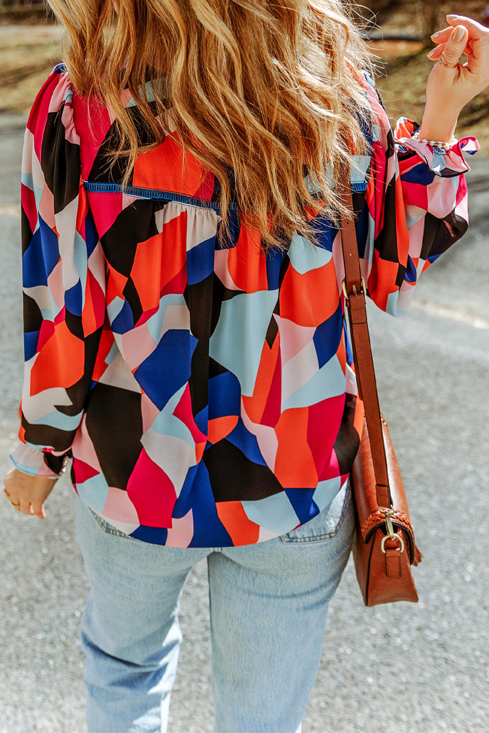 Abstract Pattern Crewneck Ruffled Puff Sleeve Blouse