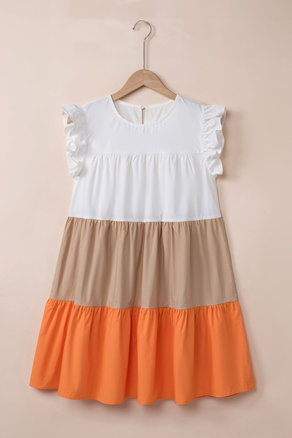 Apricot Colorblock Patchwork Ruffled Cap Sleeve Tiered Dress