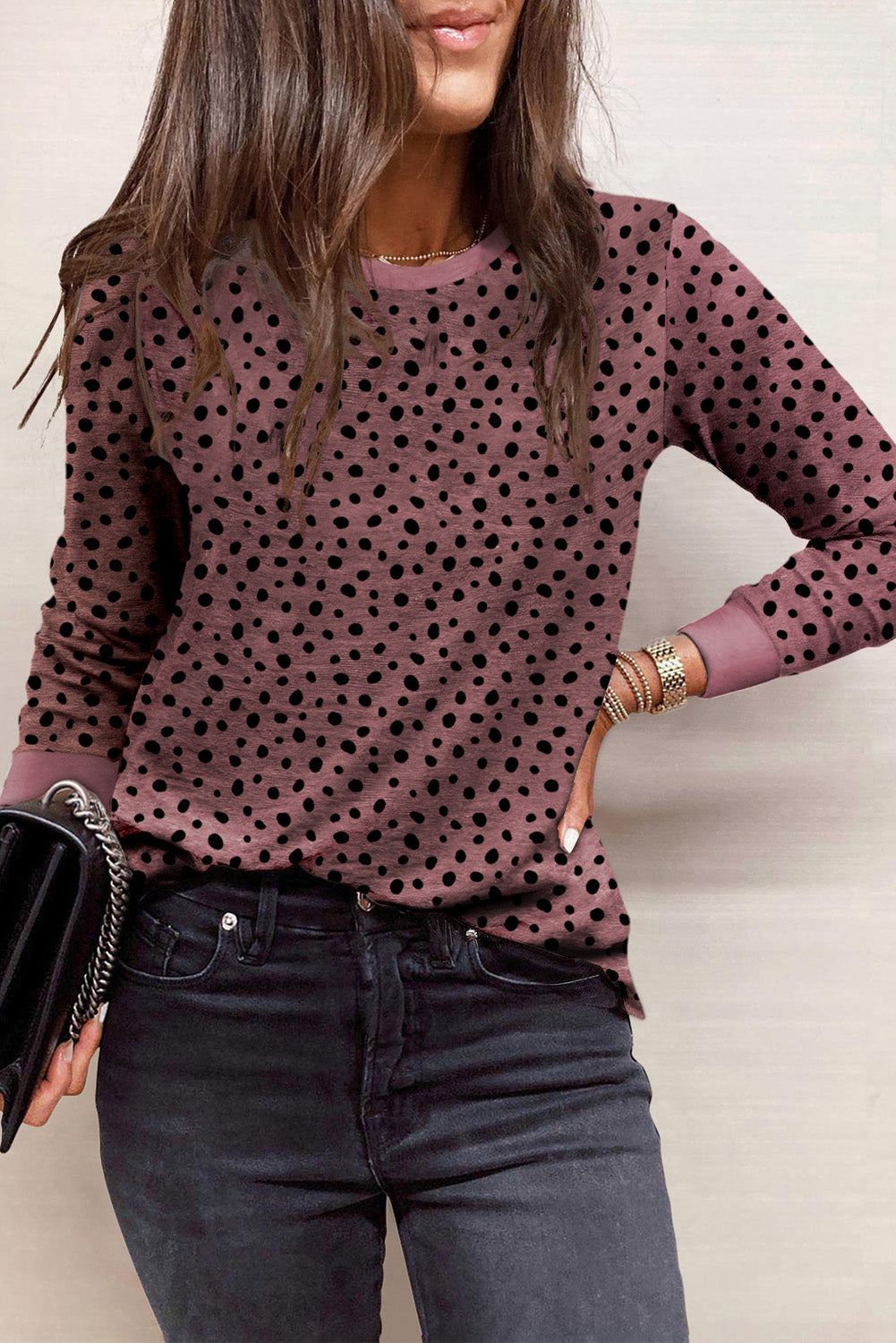 Animal Spotted Print Round Neck Long Sleeve Top