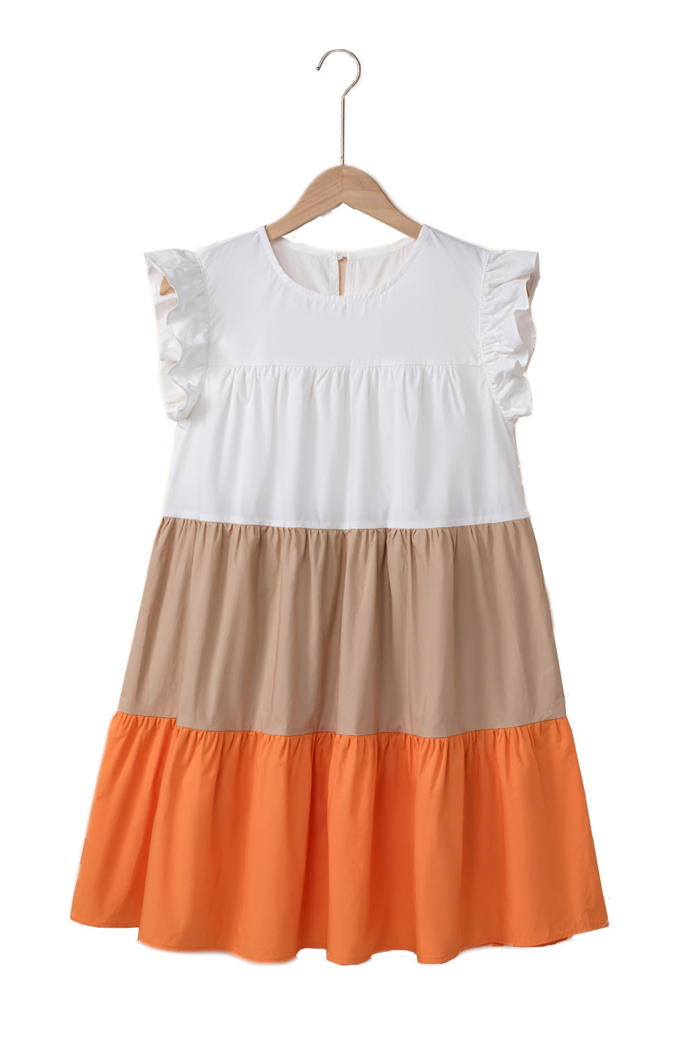 Apricot Colorblock Patchwork Ruffled Cap Sleeve Tiered Dress