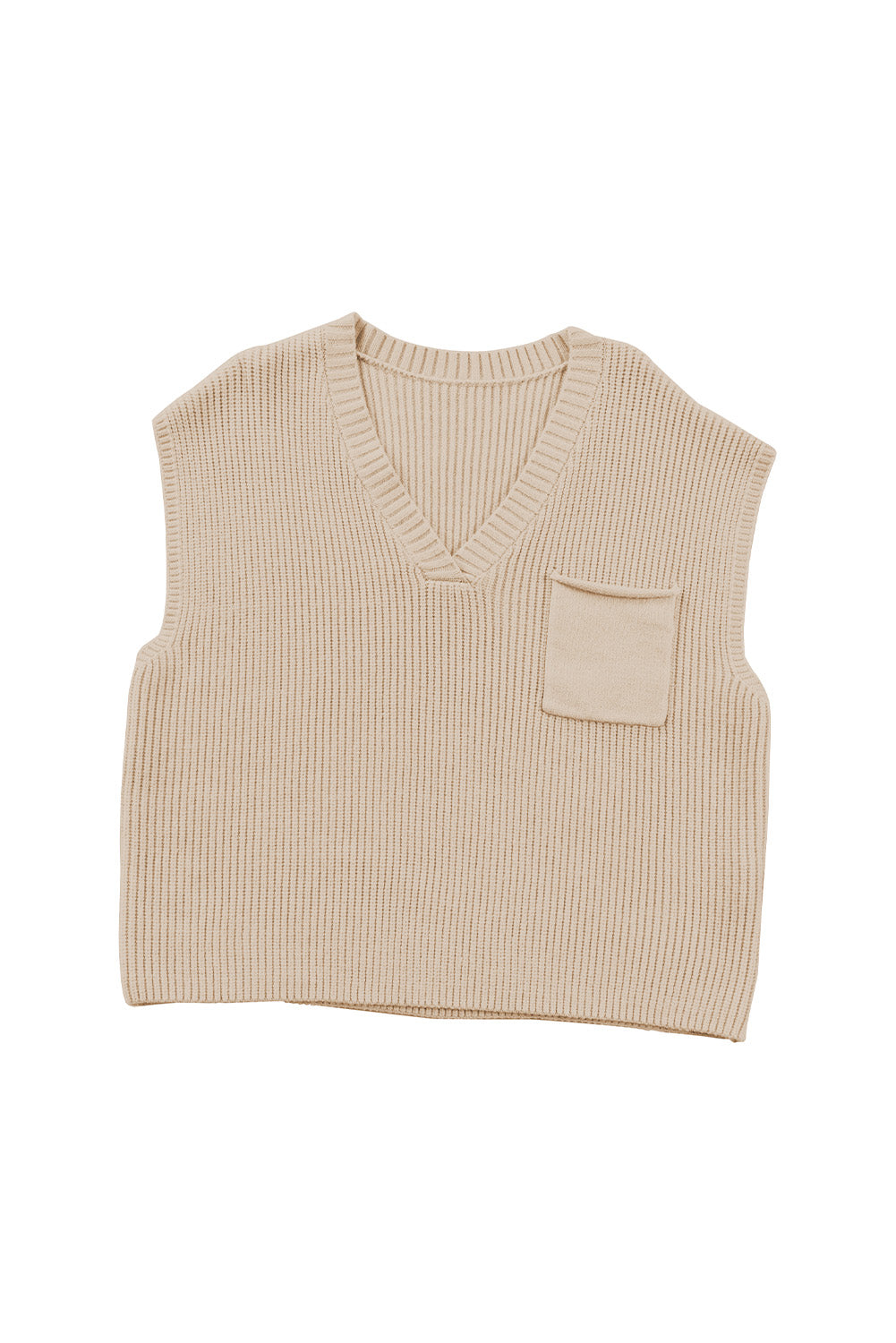 Apricot Chest Pocket V Neck Ribbed Cap Sleeve Sweater