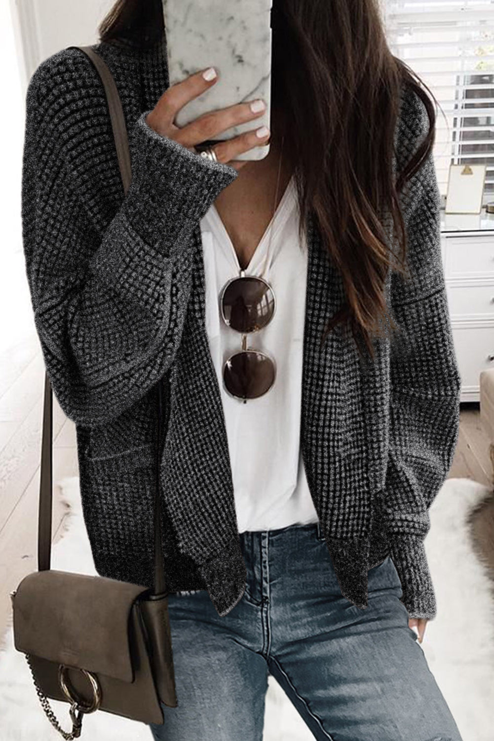 Apricot Chunky Waffle Knit Oversized Collar Cardigan