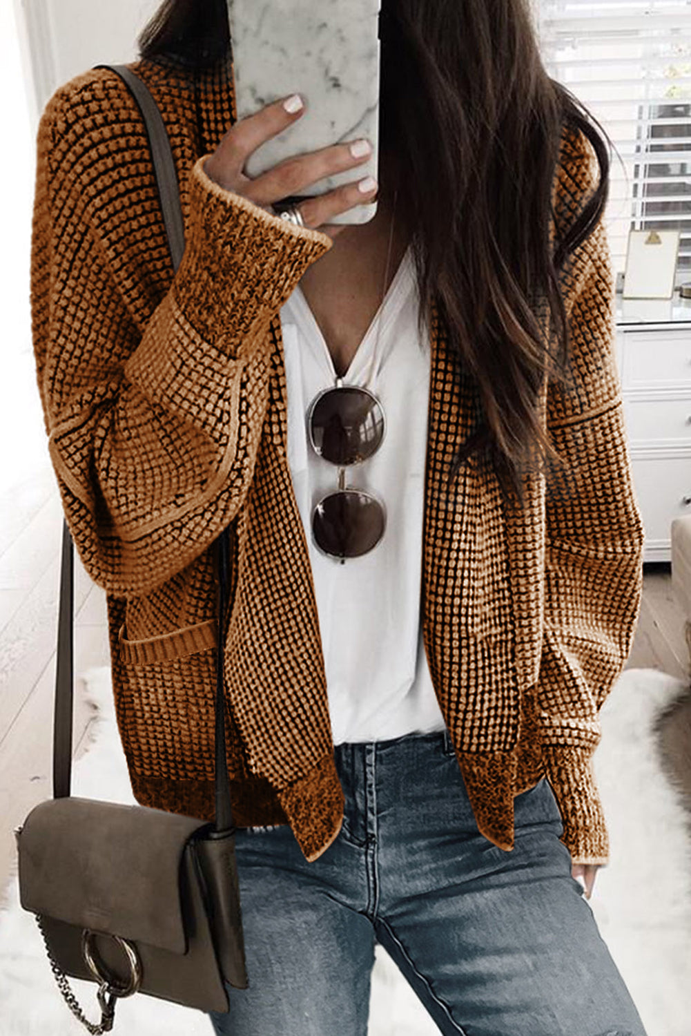 Apricot Chunky Waffle Knit Oversized Collar Cardigan