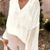 White Open Knit Long Sleeve Pocketed Hooded Sweater
