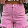 Pink Frayed Edge Mid Rise Denim Shorts